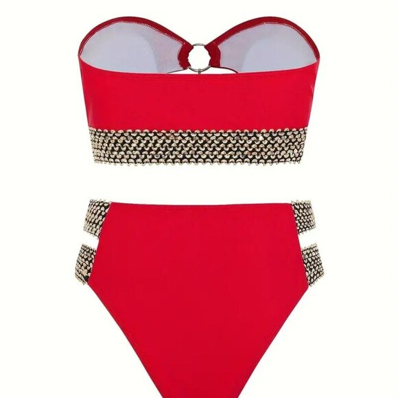 High Stretch Golden Sequin Ring Link Bikini (Color: Dark Red) - Picture 5 of 5